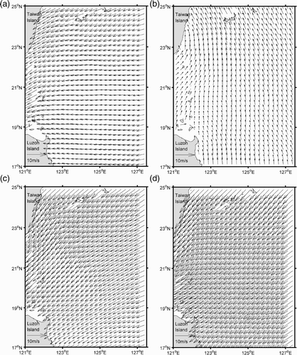 Fig. 2 Seasonal mean wind velocity in (a) spring, (b) summer, (c) fall and (d) winter.