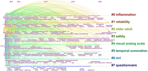 Figure 9 Co-citation map (timeline view) of keywords from publications on osteoarthritis pain research field.
