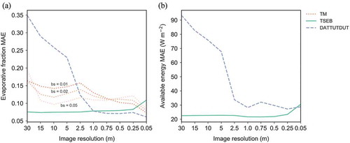 Figure 3. Mean absolute error (MAE) of the evaporative fraction (a) as well as available energy (b) as a function of the spatial resolution of the thermal and RGB input imagery for the TSEB, DATTUTDUT, as well as Triangle Method (TM) model. The DATTUTDUT and TM model incorporate the same scheme for the estimation of available energy. Image resolution increases from left to right. The selected bin size (VI bs) is a model parameter in the Triangle Method that affects the estimation of the cold/wet and dry/hot extremes. The EC measurements were closed using the Bowen ratio method.