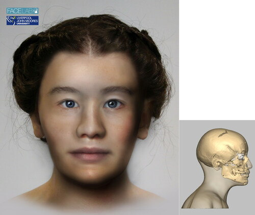 Fig 2 Craniofacial reconstruction of female skeleton from the Nidaros graveyard, Trondheim, representing a complex immigrant history. Analysis of oxygen isotopes suggests she was possibly born in north-western Russia, while her mitochondrial DNA indicates her mother may have been from southern or central Europe. Her cranial morphology shows Mongoloid-type traits, suggesting an Inuit or Asian influence. Image reproduced with permission from Hamre et al Citation2017; © Face Lab at Liverpool John Moores University.