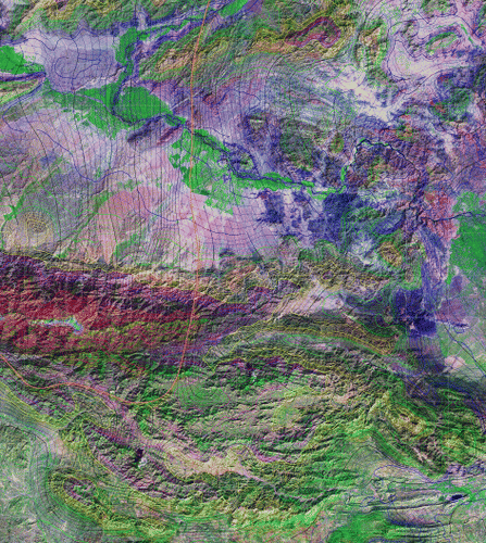 Figure 2. Satellite imagery [Landsat 7, bands 2, 4, and 7, Source: National Aeronautics and Space Administration (NASA)] overlaid with colored contours of topography [30 arc-seconds Shuttle Radar Topography Mission (SRTM30), Source: National Geospatial-Intelligence Agency (NGA) and NASA] and black contours of gravity [Source: Pakistan Geophysical Database]. A sedimentary basin was demarcated with an orange line by identifying the zone of low gravity.