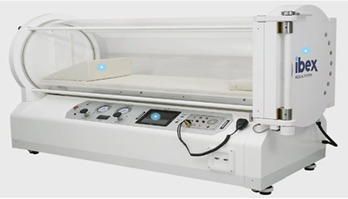 Figure 1 Equipment information. This device is a newly developed and recently commercialized monoplace hyperbaric chamber as a medical device applied to the automatic control system including the anti-barotrauma technology.