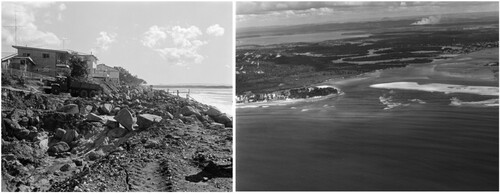 Figure 5. Rock wall construction circa 1968 (left) and complete rock wall 1972 (right; grey line in the swash zone to the left of the river mouth). (Images c/o Noosa Library Service https://www.libraries.noosa.qld.gov.au/picture-noosa).