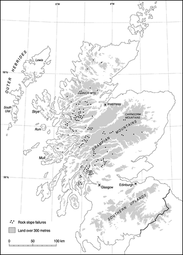 Figure 12 Distribution of rock-slope failures exceeding 0.25 km2 in area on the Scottish mainland, showing the clustering of large RSFs in some areas such as Kintail, Lochaber and Arrochar. Source: Adapted from Jarman (Citation2006), with permission from Elsevier