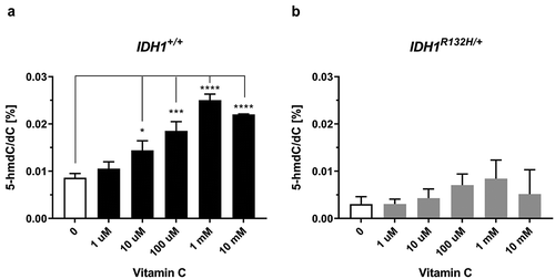 Figure 3. Impact of VC on genomic 5-hmdC/dC levels in IDH1+/+ and IDH1R132H/+ cells.(a,b) Quantification of 5-hmdC/dC levels in IDH1+/+ and IDH1R132H/+ treated for 48 h with increasing concentrations of VC as indicated (*p < 0.05, **p < 0.01, ***p < 0.001, ****p < 0.0001 – significant results; error bars = SD; n = 3).