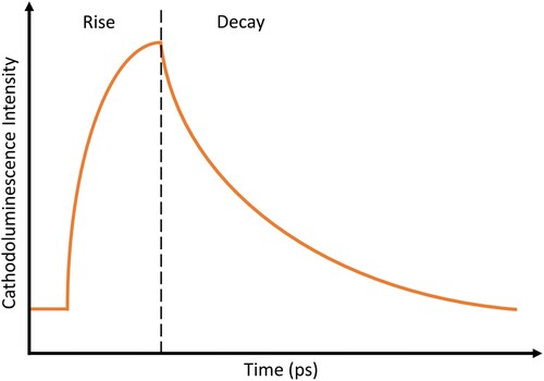 Figure 6. A representative cathodoluminescence decay transient. The figure highlights the cathodoluminescence intensity rise and intensity decay regions.