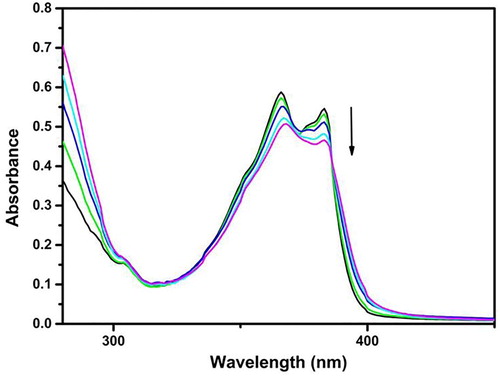 Figure 9. The absorbance spectra of Cu(II) complex (1 × 10−5 M) and increasing the concentration of CT-DNA from zero to 120 µM in presence of 20 mM Tris- HCl buffer containing 100 mM NaCl, pH 7.4.
