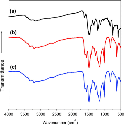 Figure 1. FT-IR spectra of (a) P(pPD), (b) pPD-co-DABSA 50/50 and (c) pPD-co-2ABSA 50/50.