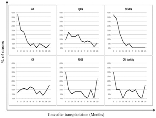 Figure 2. The incidence of various causes in different clinical settings. AR was established within the first year after transplantation and then declined sharply in the following years. The peak incidence of BKVAN occurred within 1–2 years postoperatively. FSGS occurred more frequently within the first year and nearly 10 years postoperatively. IgAN, CR, and CNI toxicity damage occurred similarly in each year.