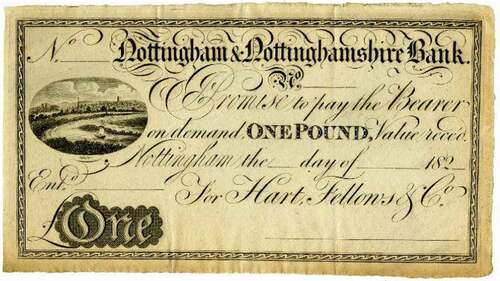 Figure 1. Nottingham and Nottinghamshire Banking Company 1 pound note, 1820–1829.