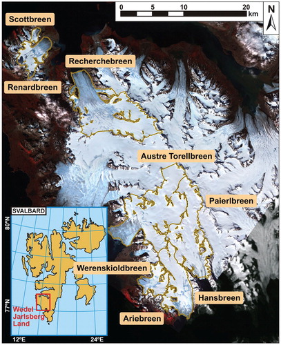 FIGURE 1. Location map of the studied glaciers within Svalbard, with indication of their outlines according to the Randolph Glacier Inventory [v. 2.0] (CitationArendt et al., 2012). The black rectangles indicate the location of the two panels shown in Figures 2 and 4. The background image is a composition of a 15-m resolution ASTER image acquired on 23 July 2005 and a 5-m resolution SPOT image acquired on 1 September 2008.