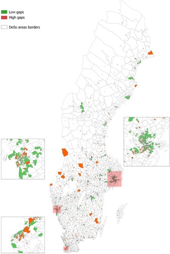 Figure 7. The spatial distribution of highest quintile of the IPTG (high gaps) and lowest quintile of the IPTG (low gaps) in DeSo areas in Sweden.