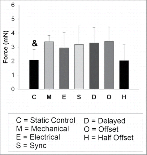 Figure 2. Observed twitch forces for all groups. and denotes statistically significantly different than all other conditions but the half offset (O) (P < 0.05). Portions reprinted with permission from reference 1.