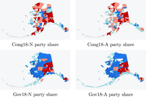 Fig. 5 These choropleth images show that party preferences in the Governor race are spatialized very differently from the U.S. House race, even though the statewide party share is nearly identical. On the other hand, there is little visible change with and without including absentee ballots (marked with A and N, respectively), though this does have a significant bottom-line partisan impact.