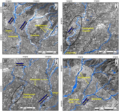 Figure 7. Cartosat-1 PAN ortho images showing fluvial anomalies observed along the course of rivers and seasonal rivulets debouching from Siwalik hills. Drainage anomalies viz. rectilinearity, river segment anomalies, river offsets bends, and lineaments are marked by black dashed line.