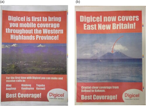 Figure 2 Digicel newspaper advertisements, 2007. Photos by R. Foster.