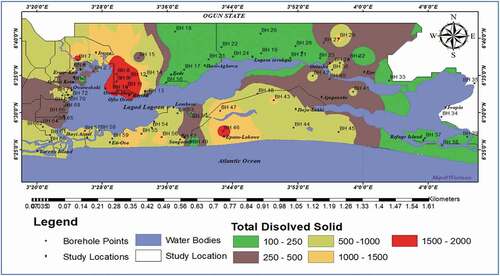 Figure 15. Total dissolve solid map of areas around the Lagos Lagoon