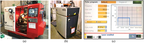 Figure 2. (a) Kondia aktinos 500 laser centre, (b) rofin FL010 laser generator and (c) control screen of the laser with a programmed 50% duty-cycle.