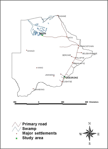 Figure 1: Map of Botswana showing the study area (Gaborone and Maun)