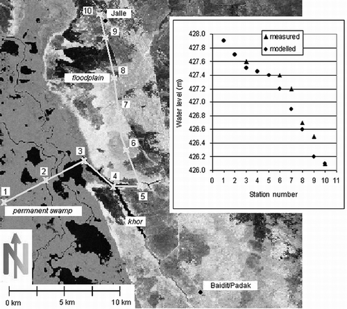 Fig. 9 Modelled and measured water-level gradient along a line from the centre of the swamps through lagoons and khors onto the seasonal flooded grasslands under rainy season average high-flow conditions (2000 m3/s at Mongalla). The Landsat background image (NASA, Citation2008b) shows dry season conditions for better visualization.