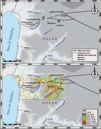 Fig. 2: a) The study region with principal sites mentioned in the text; b) the ‘natural corridors of movement’ (mobility model) based on CFMN analysis; the colour scale indicates cumulative line density (lines per km2) for the computed focal mobility networks classified as 1/2 standard deviation; higher numbers indicate where computed movement corridors converge