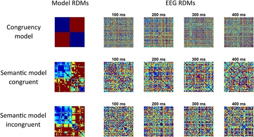 Figure 3. Model RDMs tested and EEG RDMs from an example participant at different time points.
