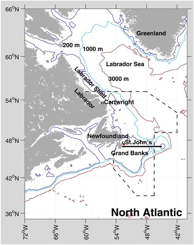 Fig. 1 Map showing the study region. Station 27 (red diamond), the Flemish Cap transect (black line), and the area with the fall bottom temperature data (dashed lines) are indicated.