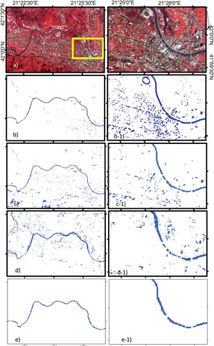 Figure 4. Results from the urban region: (a) RGB 12,2,3 band combination, (a-1) RGB 12,2,3 band combination detail; (b) NDWI results, (b-1) NDWI results detail; (c) results from the unsupervised classification, (c-1) results from the unsupervised classification detail; (d) results from the supervised classification, (d-1) results from the supervised classification detail; (e) results from the object-based classification, (e-1) results from the object-based classification detail.