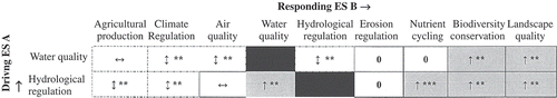 Fig. 3 Trade-offs between the deliveries of mulitple ecosystem services (ESs) from wetlands. The relationship between the ecosystem service A (ES A) driving the change and the response of the ecosystem service B (ES B) to this change. The meanings of the symbols are as follows—0: no direct relationship, ↓: decline in ES B, ↑: increase in ES B, ↕: evidence of the relationship between ES A and B is divided or inconclusive, ↔: no current evidence in the literature of an interaction between ES A and B. The strength of the relationship between ecosystem A and B is reflected in the number of stars—***: highly confident about evidence, **: mixed confidence about evidence, *: poor confidence in evidence. Cell colour reflects scenario type—light grey: win–win, dark grey: lose–lose and Display full sizebordered cell: variable outcome. For example, we are highly confident that increasing agricultural production in intensively managed grasslands causes a decline in air quality due to the production of, for example, ammonia (NH3) and non-methane volatile organic compounds (NMVOC). This is a win–lose scenario, as we increase food production at the expense of air quality, which has human health implications. This diagram is modified from Pilgrim et al. (2010).