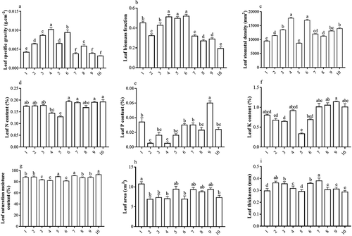 Figure 3. Differences in leaf functional traits in different Houttuynia cordata populations. Different letters mean significant differences at the 0.05 level.