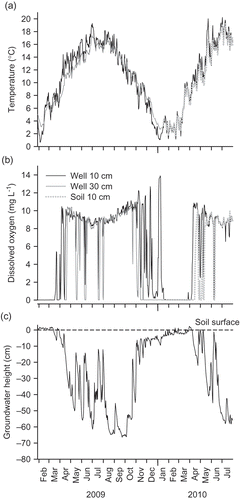 Fig. 12 Temporal variation in (a) temperature and (b) DO concentration in well water and soil in relation to (c) changes in groundwater height. When groundwater height is below the respective oxygen optode installation height (10 and 30 cm; see text for details), optode data represent atmospheric temperature and saturated DO conditions.