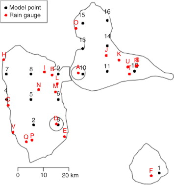Fig. 7 Twenty-two rain-gauge stations (daily precipitation) and the 16 land points of the RCM ALADIN-climate available in Guadeloupe.