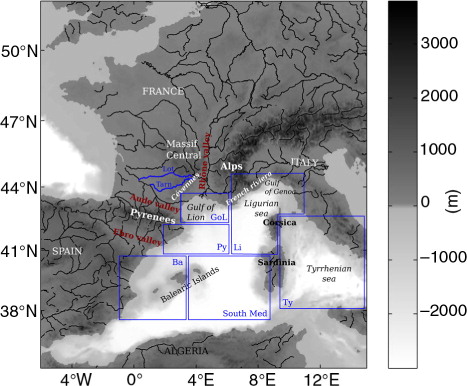 Fig. 1 Topography and rivers of the region including the western Mediterranean with geographical indications and definition of boxes used to calculate averaged SST differences in the IPSS calculation (see Section 4): GoL includes the plateau of the Gulf of Lion, Py the area offshore of the Pyrenees, Ba the area between the Balearic Islands and the Spanish coast, Li the Ligurian Sea extended down to the north of Sardinia, South Med the area between the Balearic Island and Sardinia and Ty the Tyrrhenian sea.