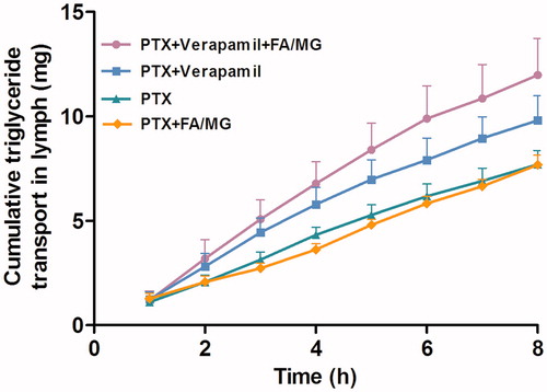 Figure 3. Cumulative transport of TG into the lymph over 8 h following intraduodenal administration of 20 mg/kg PTX solution alone (n = 4), coadministered with either FA/MG (n = 6) or pretreated with verapamil (n = 4), or pretreated with verapamil and coadministered with FA/MG (n = 4). Bars represent the SE.
