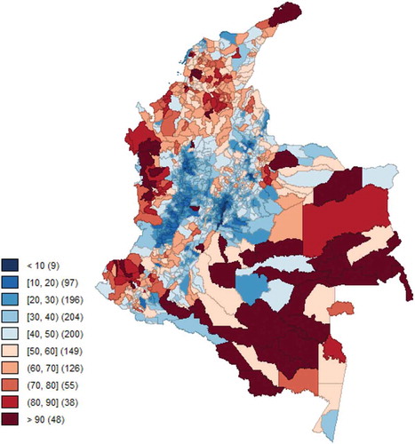 Map 1. UBN at a municipal level in Colombia. Year 2005