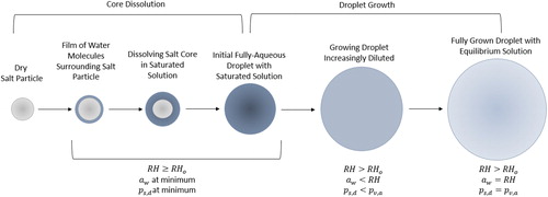 Figure 1. Stages of hygroscopic growth of a dry salt particle. The ambient relative humidity, RH, the water activity of the droplet solution, aw, and the vapor pressure exerted by droplet solution, ps,d, are given in relationship to the minimum RH, RH0, to achieve deliquescence and the vapor pressure exerted by water vapor in the atmosphere, pv,a. Adapted from Mauer and Taylor (Citation2010), and Van Campen, Amidon, and Zografi (Citation1983).