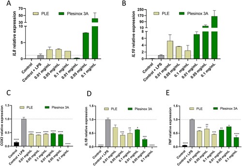 Figure 2. The exposure of SC cells to Plesinox 3A ameliorates the gene expression profile upon inflammatory stimuli. Relative expression values IL8 (A), IL10 (B), COX2 (C), IL1B (D) and TNF (E) in SC cells exposed to bacterial LPS 200 ng/mL for 3 h and subsequently treated with PLE alone or Plesinox 3A at different concentrations for additional 24 h.