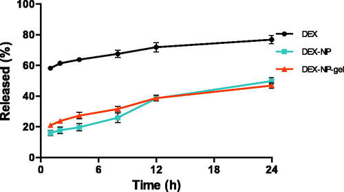 Figure 2. In vitro release of DEX from pure powder, DEX-NPs, and DEX-NP-gels using dialysis membrane. Data are expressed as the mean ± S.D. (n = 3).