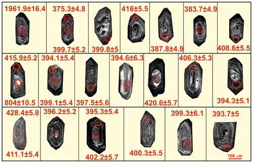 Figure 7. CL images of zircon grains from sample of the Karacabey metagranite (KR-9). Red circles show spots of LA-ICP-MS U-Pb analyses in zircon grains.