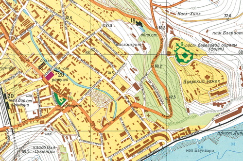Figure 2. An extract showing Dover town centre, indicating the street-level detail and the numbering and colour-coding of strategically important buildings. Military/communications objects (in green) include Dover Castle (No.9), labelled here as ‘coastguard station (fort)’ and the post office (No.10). The only governmental/administrative institution (purple) on the plan is the town hall (No.14). Military-industrial facilities (black) include the water works (No.18), Dover Priory railway station (No.20) and a saw mill (No.29), which has been misclassified as a power station (probably from copying a captured German plan from 1940).