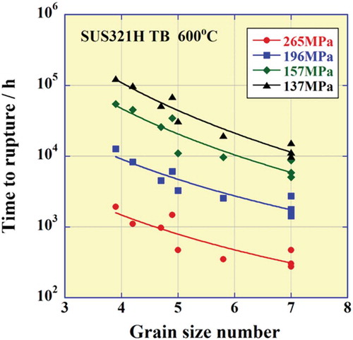 Figure 12. Relationship between time to rupture and grain-size number for SUS321HTB steel.