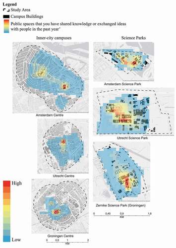 Figure 4. Mapped frequency of creative encounters per campus, aggregated to 100 × 100 grid-cells.