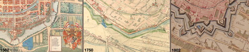 FIG. 8 Developement of the fortification before the Schweidnitzer Gate in 1562, 1750 and 1802. Fragments of plan of Weiner, Wernher (BUWr ref. 2318; ref. R 551, PDM 1.0 DEED) and Poblotzky (GStA SPK XI. HA, ref. E 72090, PDM 1.0 DEED). Area of the St. Salvator cemetery—blue.