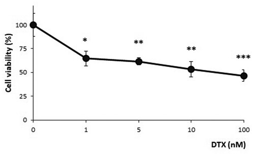 Figure 1. Cell viability after incubation in the presence of different DTX concentrations (1, 5, 10, and 100 nM) for 6 h. MTT assay results show a progressive decline in live cells with increasing concentrations of DTX. The results indicated statistical differences (*P < 0.05; **P < 0.01 and, ***P < 0.001) between DTX-treated (at different doses) and control samples (ANOVA with Tukey’s post hoc test). The results were the means of three independent experiments performed in triplicate.