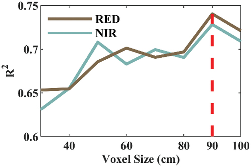 Figure 5. The R-square of BRFs between simulated images based on scene reconstruction and Landsat 8 image as a function of voxel size. BRF simulations were carried out in the red band (655 nm) and NIR band (865 nm) and based on the with branch voxel forest scene. The simulated sun zenith (39.764°) and sun azimuth (131.928°) were the same as those of the Landsat 8 image.