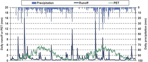 Fig. 9 Plots of daily synthetic precipitation, runoff and PET for the first two of 1000 years of simulation. Precipitation and runoff are generated through Castalia, as well as temperature data, which were then used for calculating PET.