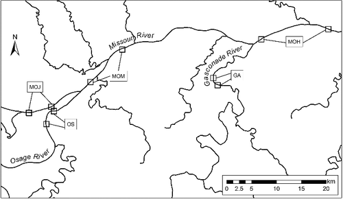 Figure 1. Map of the five units (10 1-km sites in total, indicated with squares) trapped for mark–recapture and mock harvest during the 2011 and 2012 field seasons on the Missouri, Osage, and Gasconade Rivers in central Missouri. MOJ = Missouri River at Jefferson City unit (river mile [RM] 137 and RM 134, trapped in 2012); MOM = Missouri River at Mokane unit (RM 128 and RM 122, trapped in 2011); MOH = Missouri River at Hermann unit (RM 103 and RM 94, trapped in 2011 and 2012); OS = Osage River unit (RM 5 and RM 7, trapped in 2011 and 2012); GA = Gasconade River unit (RM 9 and RM 10, trapped in 2011 and 2012).