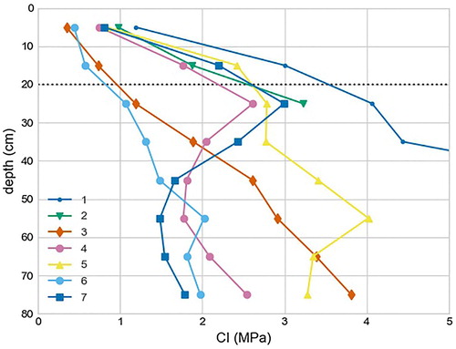 Figure 3. Average profiles of cone penetration resistance (CI) on the study tracks. Averages between 0 and 20 cm were used in the modelling.