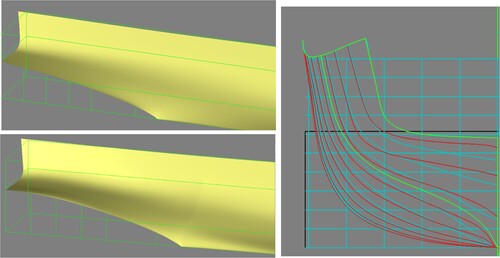 Figure 5. Original (top) and improved afterbody of model 5415. In bodyplan, light lines (blue) are original, dark lines (red) improved design.