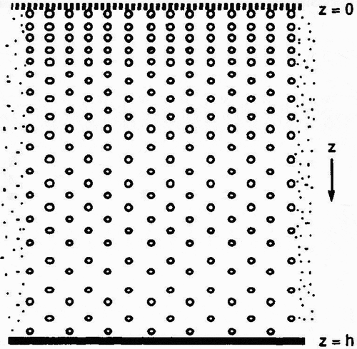 Fig. 9. Tritium gas diffusion out of flibe spay region. (Droplet size is exaggerated.)